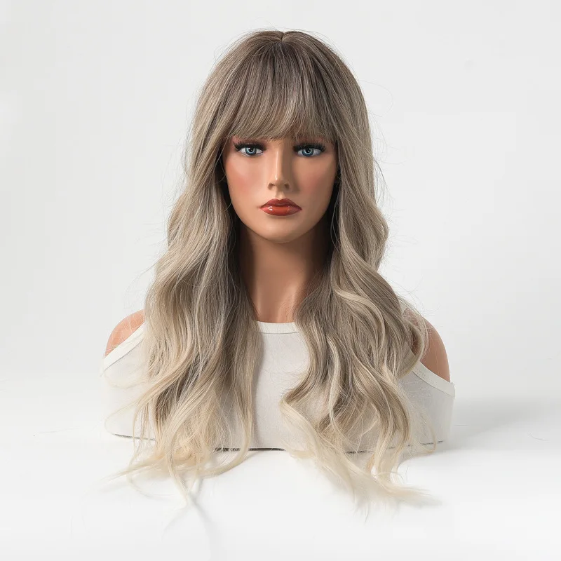 

European and American wigs for women with full bangs, long curly hair, gradient white gold, new product mechanism, chemical fibe