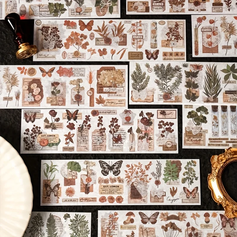 

6 Sheets Retro Washi Paper Flowers Butterfly Decorative Stickers for Collage Scrapbooking DIY Journaling Gift Stickers