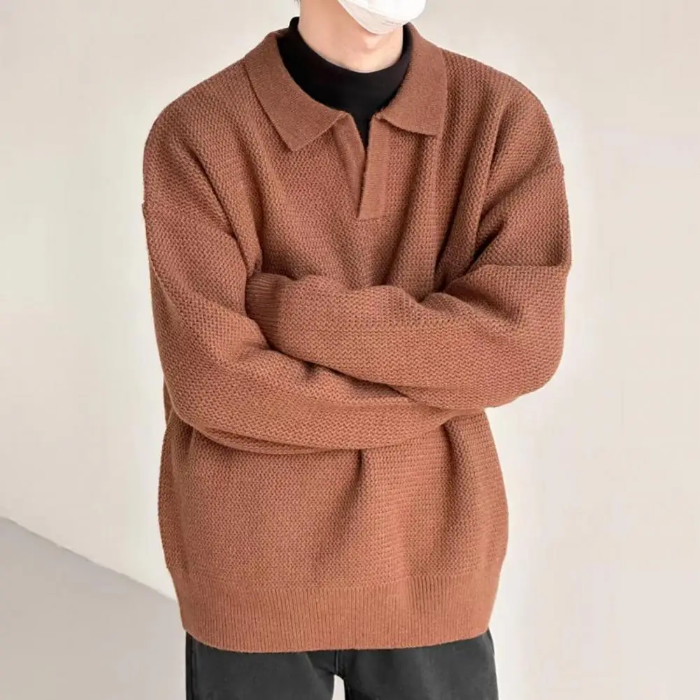 Solid Color Men Sweater Men's Loose Fit Knitted Sweater with Lapel Long Sleeve Pullover Tops for Autumn Winter for Streetwear stripe knitted sweater autumn winter women long sleeve solid warm loose jumper casual solid o neck vintage color pullover tops