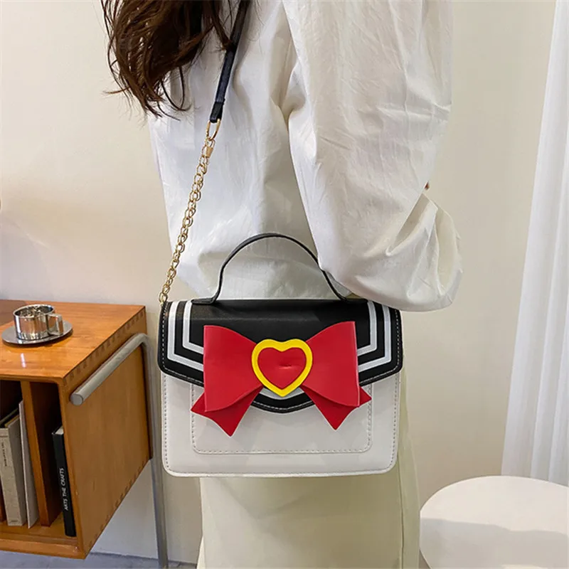 Chic Bow Synthetic Leather Crossbody Bag Kawaii Heart Small Tote Bag Mini Purse Chain Belt Shoulder Bag for Teen Girls Daily Use