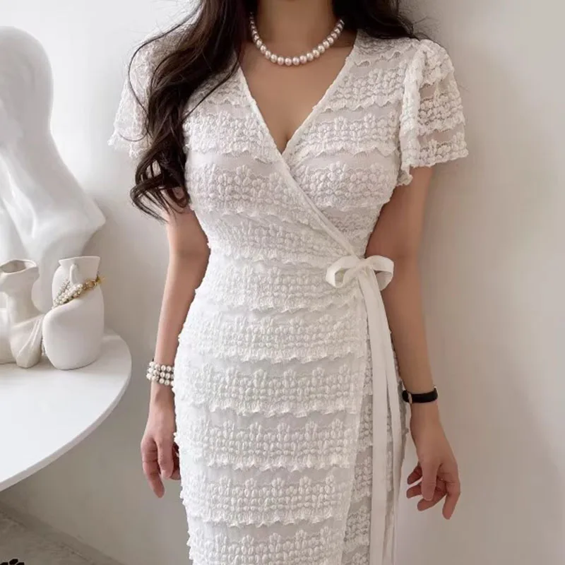 

Summer Sexy dress Court style lace Knitted Dresses V-neck Waist Slim White Long Skirt
