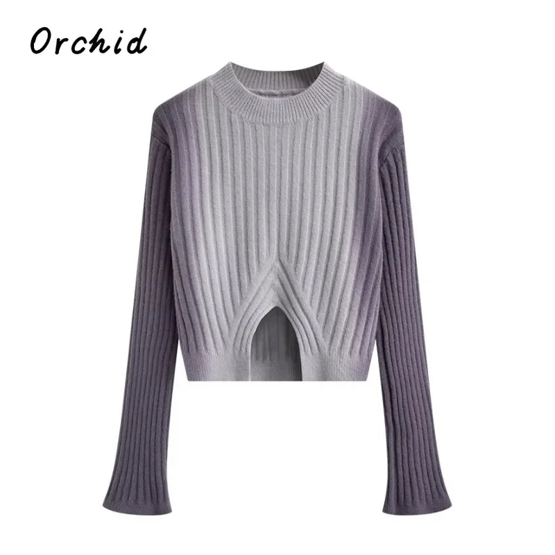 

2023 Autumn Winter Korean Simple Vintage Tie Dye Hollow Out-design Sweater Women Warm Crewneck Long Sleeve Pullover Knitted Top