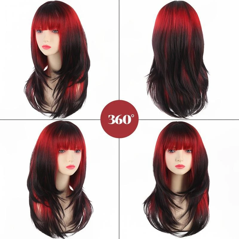LUPU 24inch Cosplay Wigs Synthetic Straight Black to Red Gradient Long Hair Wig Women's Halloween Costumes Heat Resisitant Fiber
