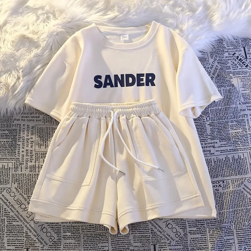 Korean Loose Perppy Letter T-Shirt Straight Summer Beach Vacation Shorts Print Baggy Kpop Pockets Short Sleeve Cotton Outfits