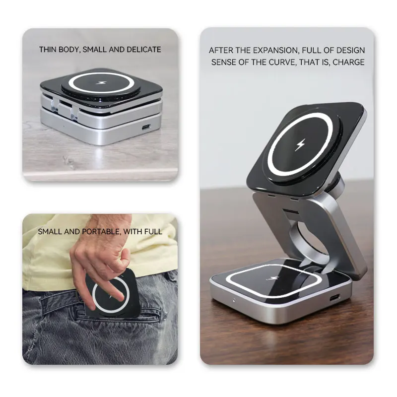 Magnetic Foldable 3-in-1 Wireless Charging Station - Portable Travel Charger for Phone, Earbuds, and Smartwatch