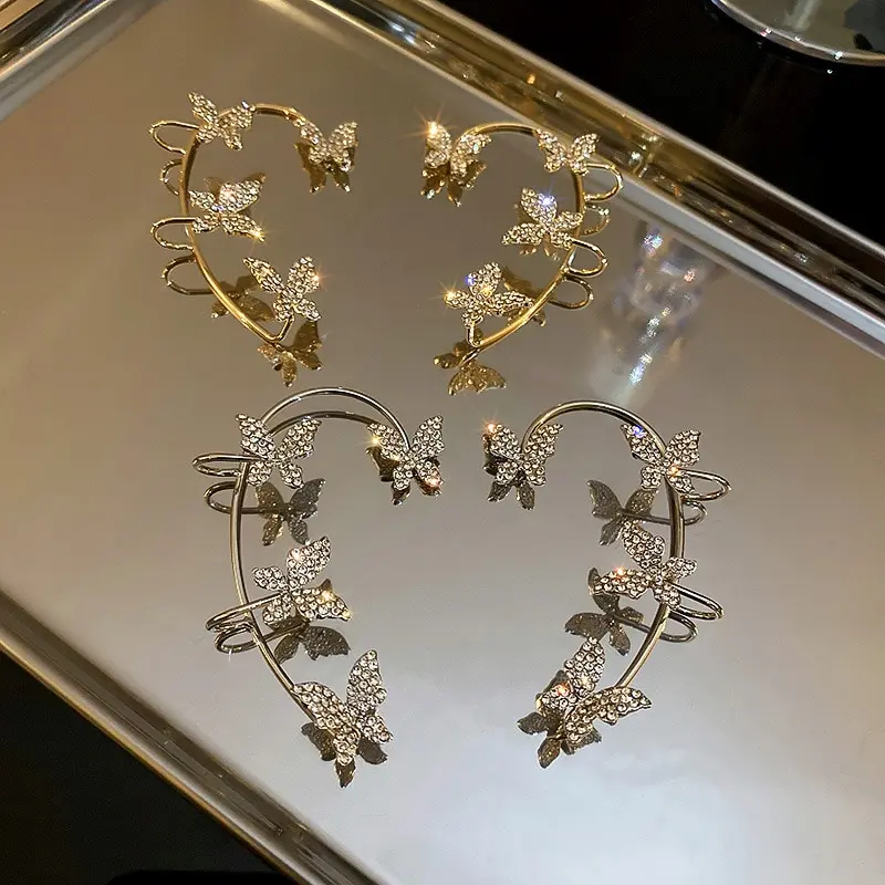 Ear Clip Earrings Sparkling Butterfly For Women Rhinestone Crystal Buckle Without Piercing Party Wedding Jewelry