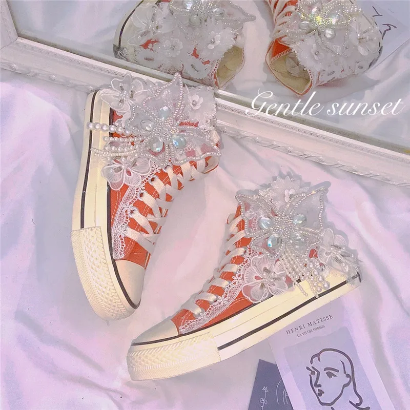 Summer 2022 Fashion Women Canvas Shoes High Women's Flat Vulcanized Shoes Orange Handmade Lace Bling Bow Sneakers