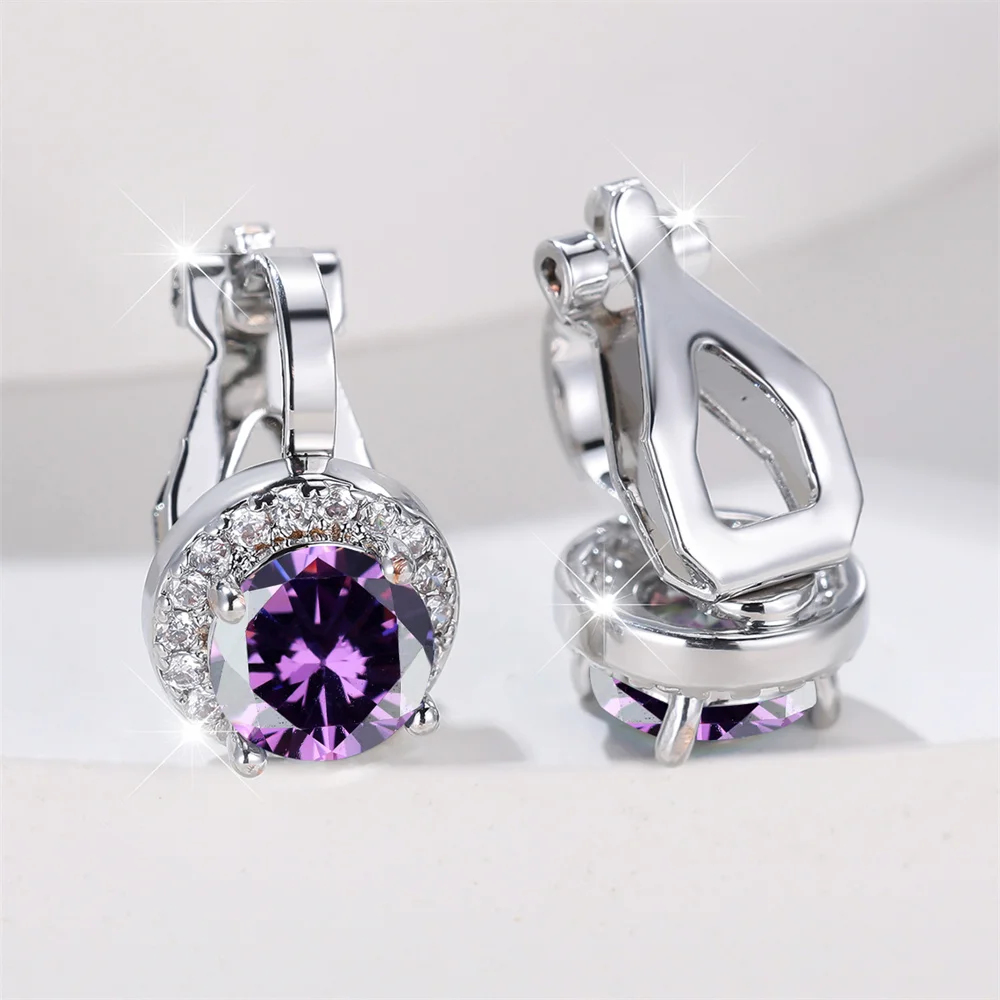 Mystic Rainbow Crystal Round Stone Clip Earrings For Women Rose Gold Silver Color Multicolor Zircon Jewelry Simple Fashion Gifts