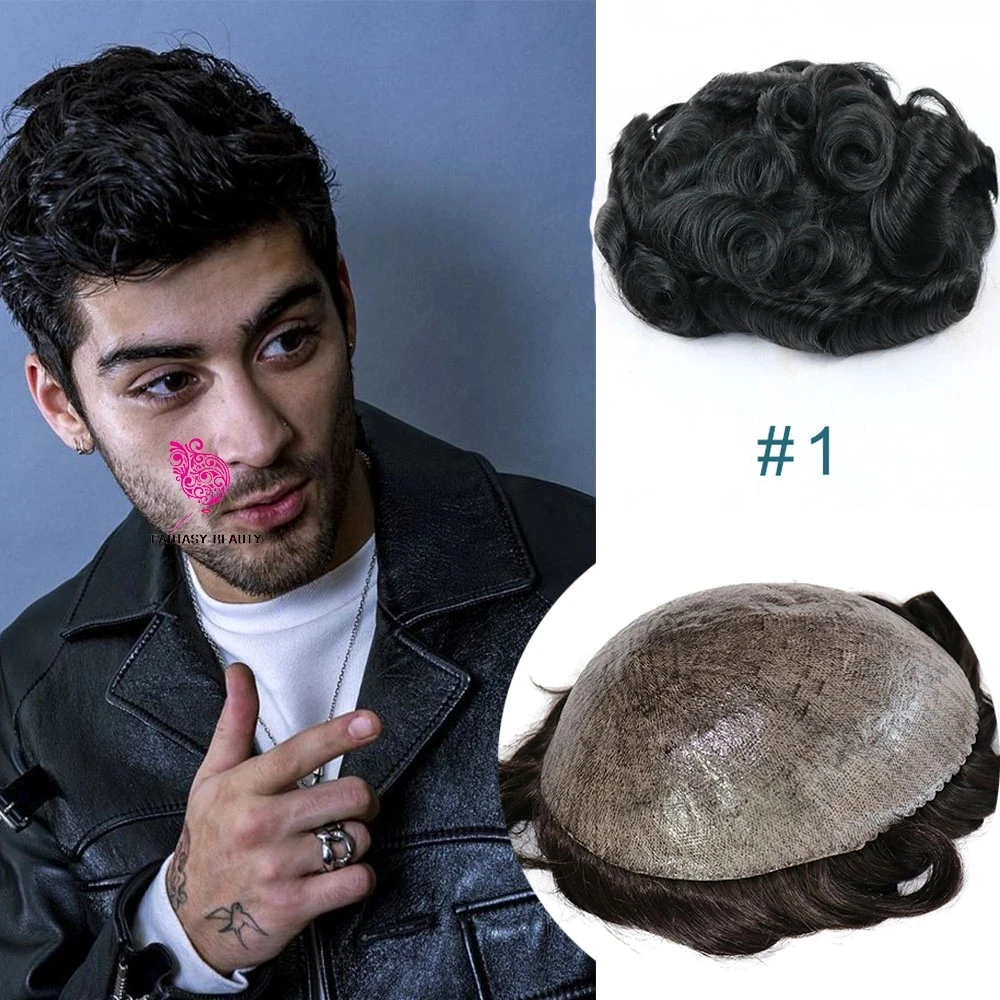 Human hair toupee thin skin full PU Indian hair system men's capillary prosthesis hairpiece unit