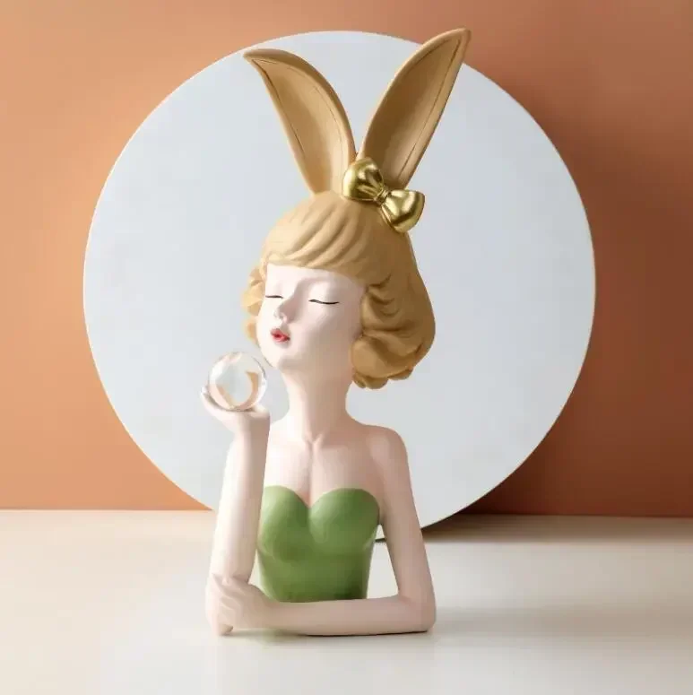 

European Cute Resin Holding Crystal Ball Bunny Girl Decoration Office Table Sculpture Home Livingroom Desktop Ornaments Crafts