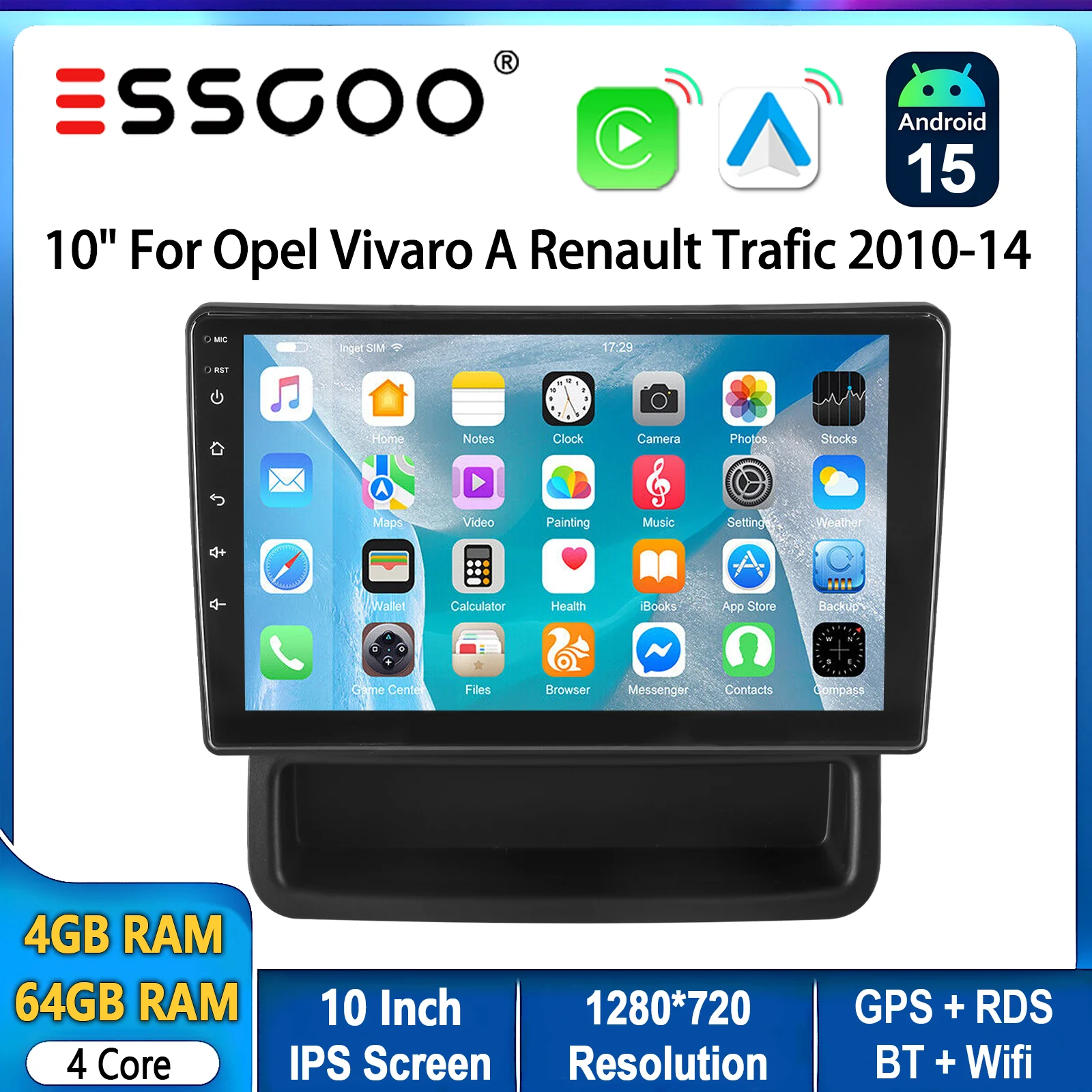 Autoradio ESSGOO Android 15 10 Zoll 32G/64G für Opel Vivaro und Renault Trafic 2 MK2 Drahtloses CarPlay Android Auto GPS Navigation FM Bluetooth RDS Lenkradsteuerung Mirror Link IPS Touchscreen Head-Unit