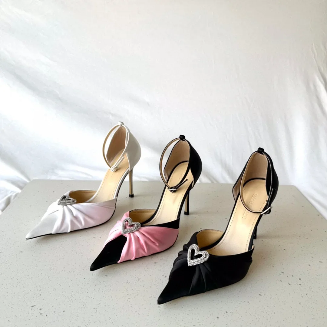 

Mach Double Heart Pointed Toe Satin Pumps rhinestone love heart high-heeled shoes pointed silk bow stiletto sandals fairy shoes