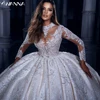 Modest High Collar Bridal Dress Sparkly Sequins Appliques Wedding Gown Luxury Ball Gown Bride Robe Customized Vestido De Novia 1
