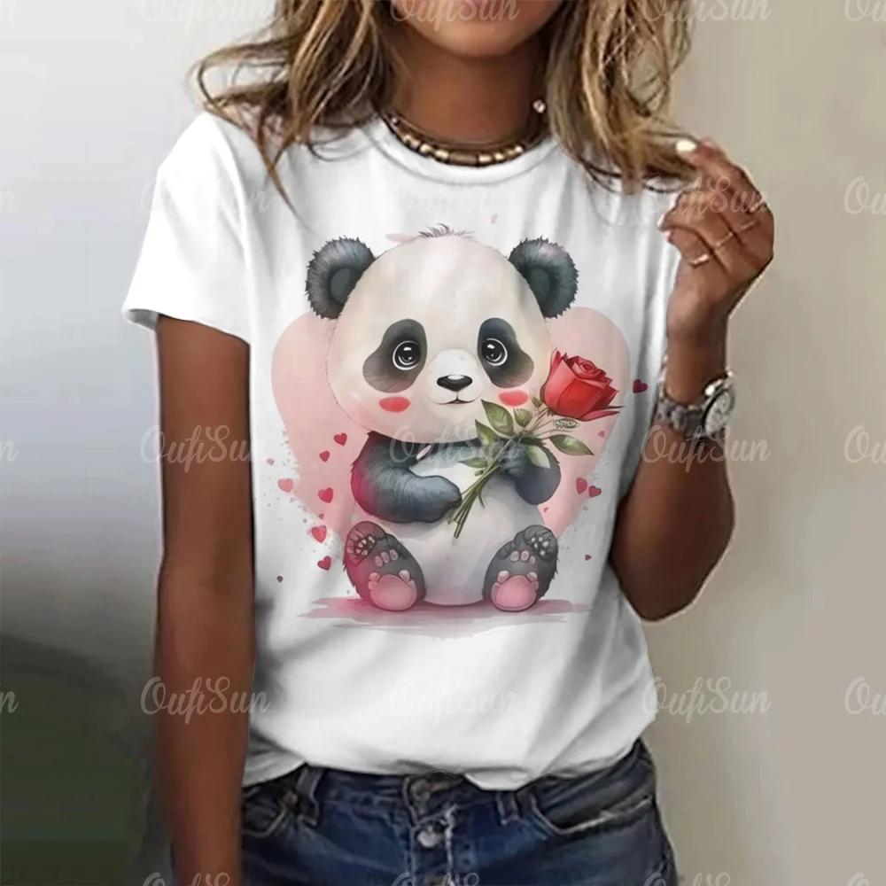 Camiseta con estampado de Panda de dibujos animados para mujer, camisetas  de manga corta con cuello redondo, Jersey suelto para mujer, Tops de moda 