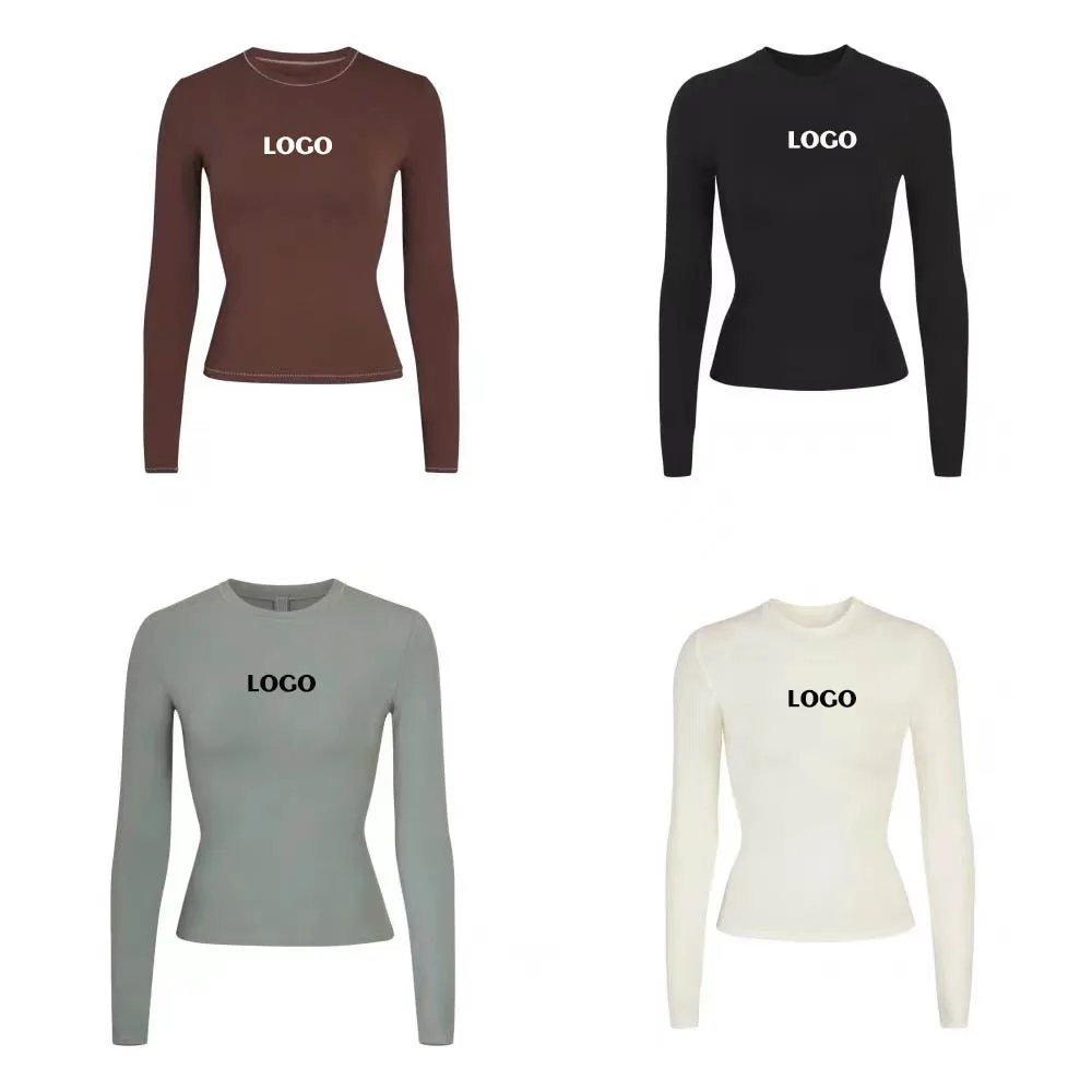 

Облегающая футболка с длинным рукавом и логотипом на заказ, базовый слой с оборками на талии и круглым вырезом, стрейчевая ткань