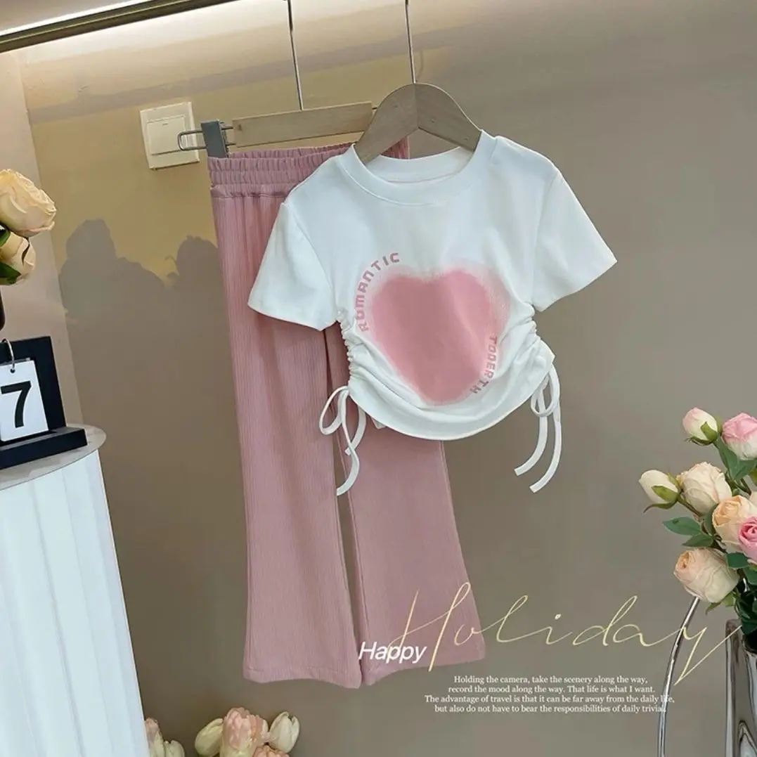 

Girls Sweet Suit 2024 Summer New Love Printed Short-sleeved + Casual Wide-leg Pants Two-piece Set for Casual Home Wear
