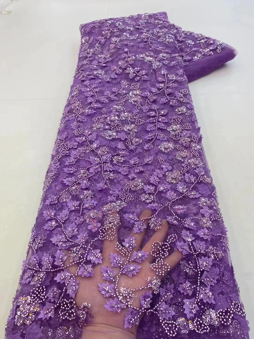 

3D three-dimensional leaves patch lace embroidery fabric, delicate bead tube sequins party dress DIY fabric 5 yards