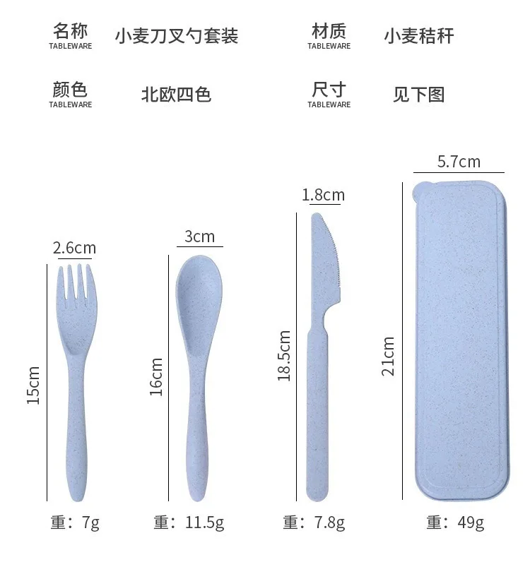 Wheat Tableware Three-piece Set Portable Cutlery Box Set Plastic Cutlery for Students Children Office Workers