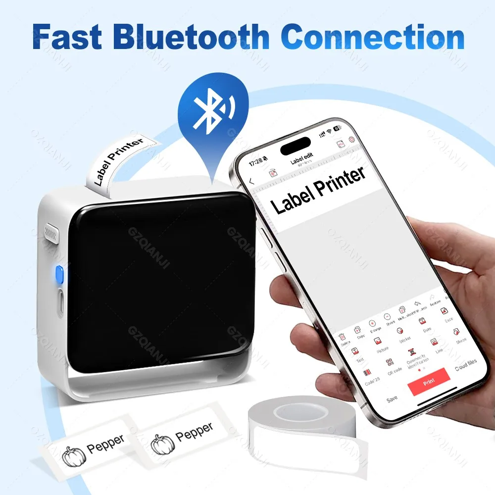 12-15mm Portable Label Maker Wireless Inkless Printer Compatible with Smartphones for Kitchen Clothes Jewelry Jar Labeling