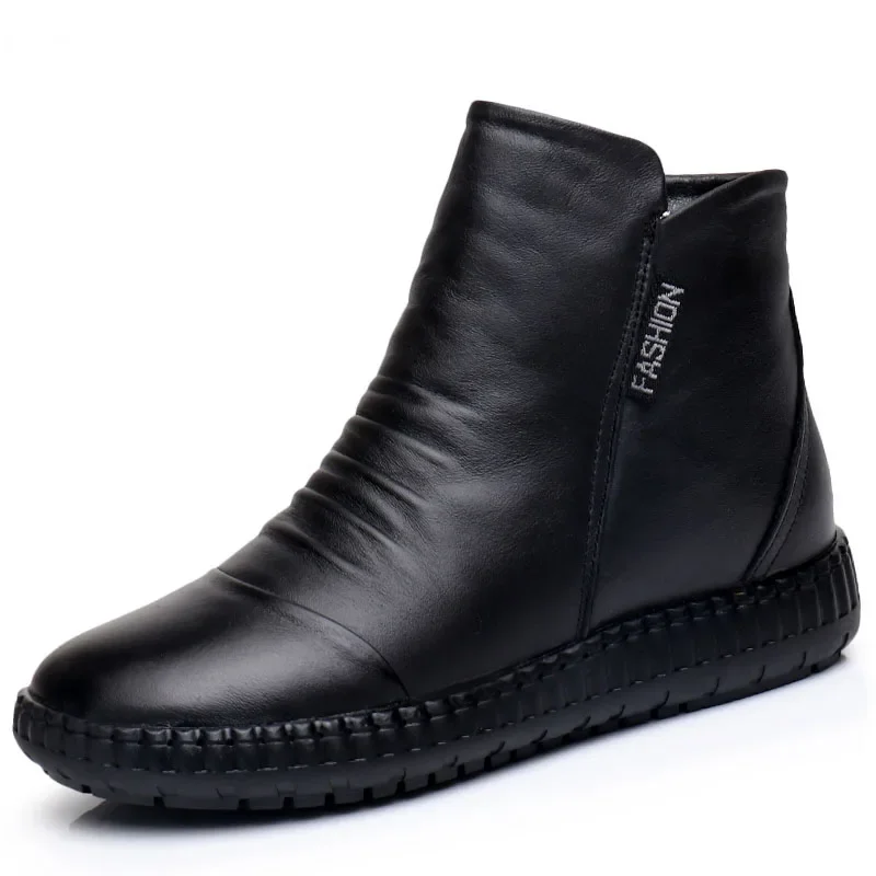 

Fashion Winter Plus Velvet Leather Shoes Women Boots Round Head Thick Bottom Waterproof Leather Women Boots Sneakers