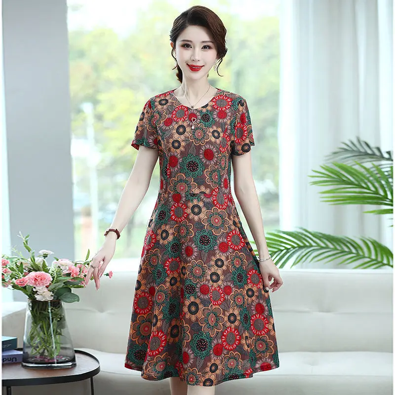 Women 2022 Summer New Middleaged And Elderly Dress Female Oneck