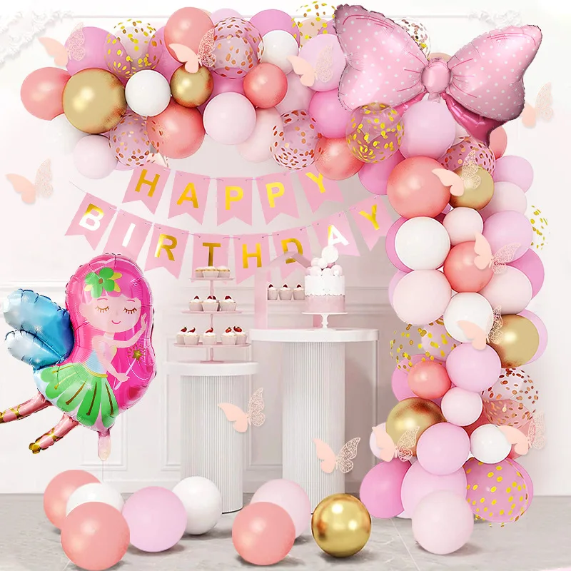 

159Pcs Bow Tie Foil Balloon Garland Butterfly Pink Latex Balloon Arch Kit Girl Birthday Party Wedding Baby Shower Decor Globos
