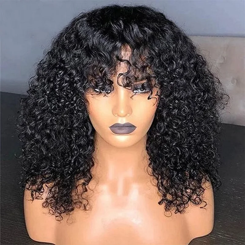 

Glueless Natural Black 26 Inch Kinky Curly Machine Wig With Bangs For Black Women High Temperature Fiber Cosplay Daily Use Wig