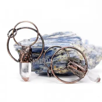 PM42340 Clear Crystal Point Pendant Free Form Clear Quartz Healing Crystal Pendant Antique Copper Plated Hoop Gypsy Goth Jewelry
