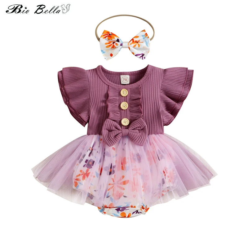 

Newborn Baby Girl Romper Summer Headband Set Floral Fly Sleeve Bodysuit With Lace Elastic Waist Bow Hairband 2Pcs Clothes Sets