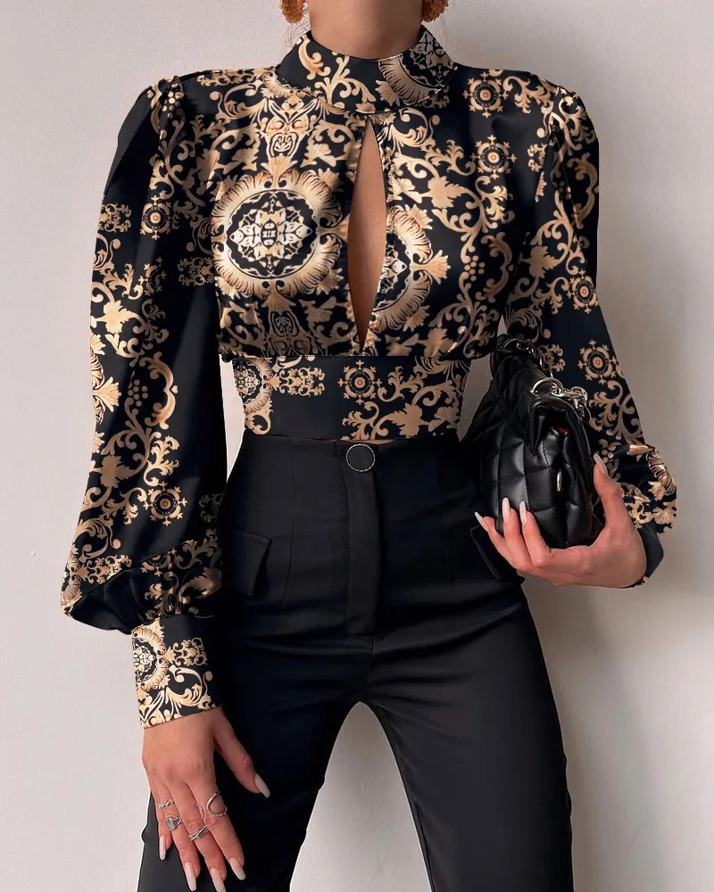 2022 Women Chic Half High Neck Keyhole Long Lantern Sleeves Abstract Pattern Sexy Bodycon Working Short Tops |