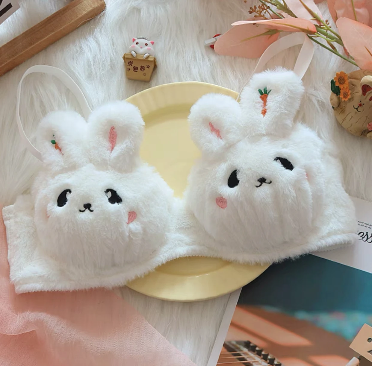 Girls' plush lolita brassiere Japanese cute no steel ring gathered bra suit comfortable and warm kawaii girl bra underwear large