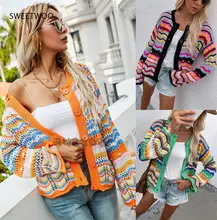 

Cardigan Top Women Long Sleeve Single Button Decorated Slim Rainbow Striped Patchwork Women's Sweater Spring Autumn Fashion 2022