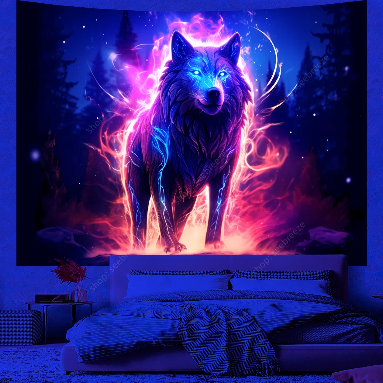 

Animal Tapestry Psychedelic Wolf UV Reactive Tapestry Wall Hanging Hippie Room Decor Sofa Blanket Beach Towel Gift for Friend