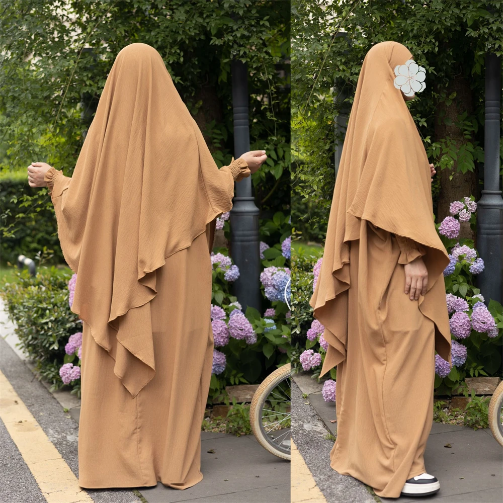 

Eid Ramadan Muslim Women Hijab Dress 2 Pieces Set Dubai Turkey Abaya Kaftan Overhead Abayas Khimar Islamic Prayer Garment Robe