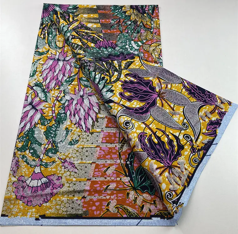 Women Wax Fabric Soft African Grand Golden Wax Fabric Flash Gold Print Batik Ankara Glitter