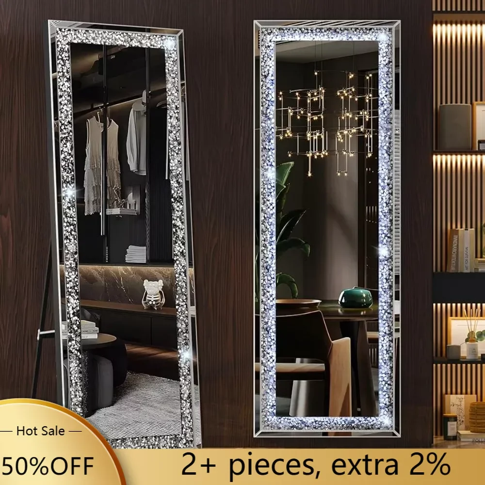 

Full-Length Mirror 63”×20” With Lights and Crystal Crush Diamond Wall Mounted Hanging Diamond Mirror Leaning Freight Free