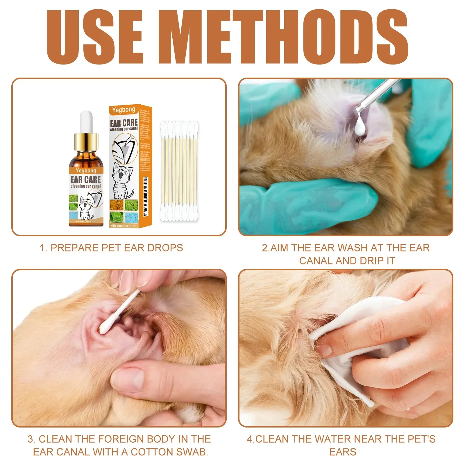 Pet Ear Cleaner with Cotton Swab, Cat and Dog Ear Mite Removal, Itching Relief, Cleaning Drops, Canal Deodorization