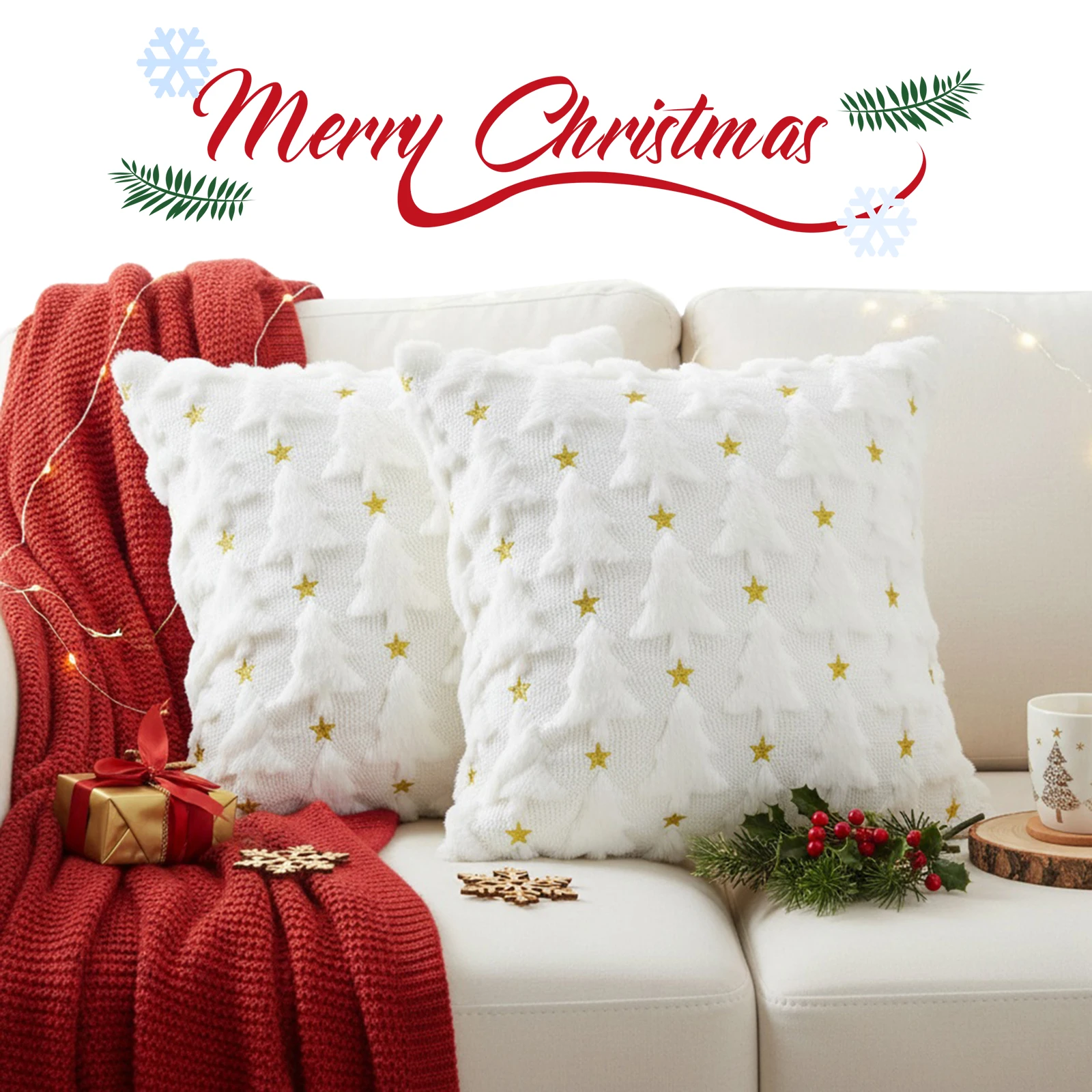 크리스마스 트리 쿠션 커버 부드러운 18x18 인치 2개 세트 침실 소파 휴일 축제용 쿠션 커버