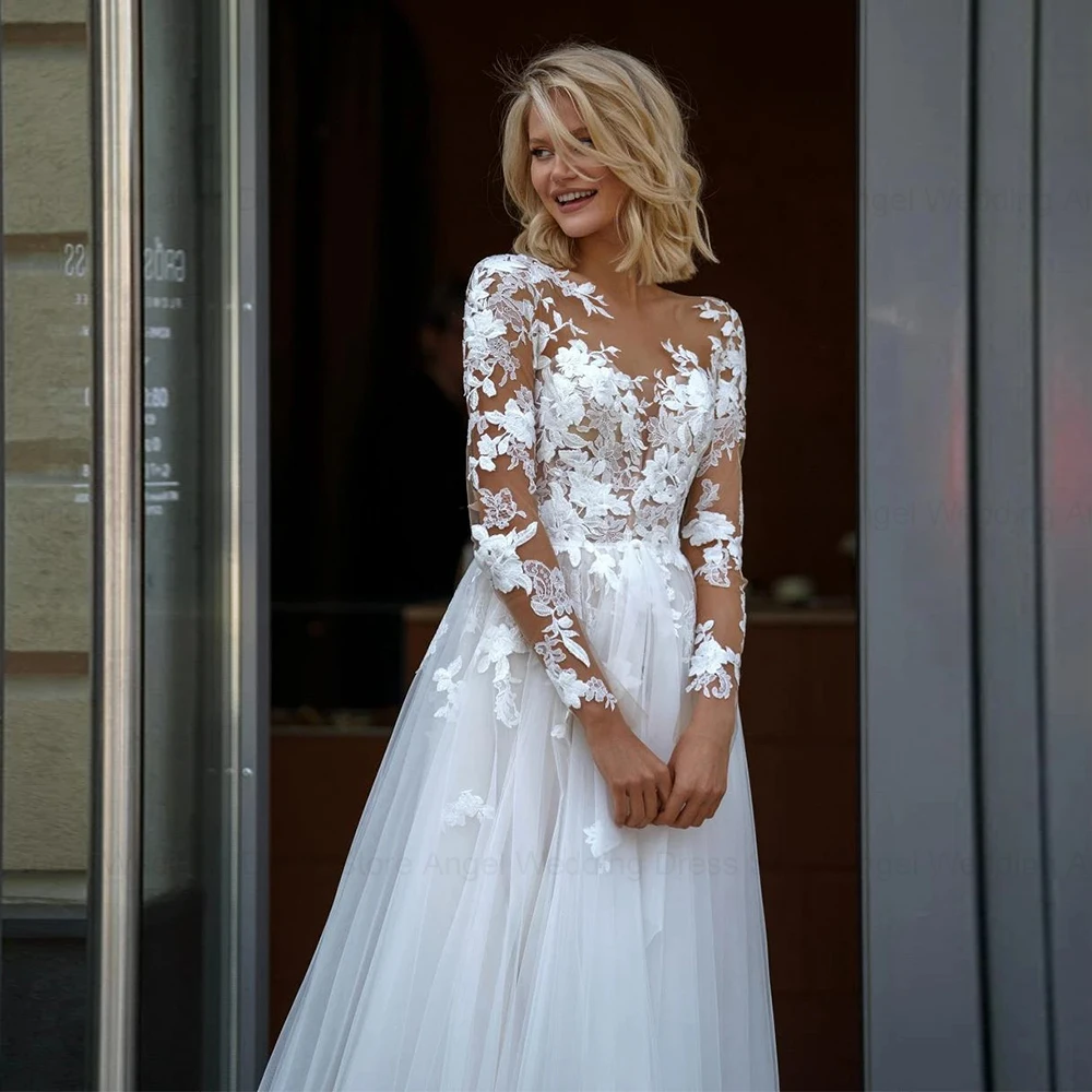 ANGEL Elegant A-Line Lace Wedding Dress Long Sleeves Scoop Neck Applique Bridal Gowns Button Plus Size Vestidos De Novia 3