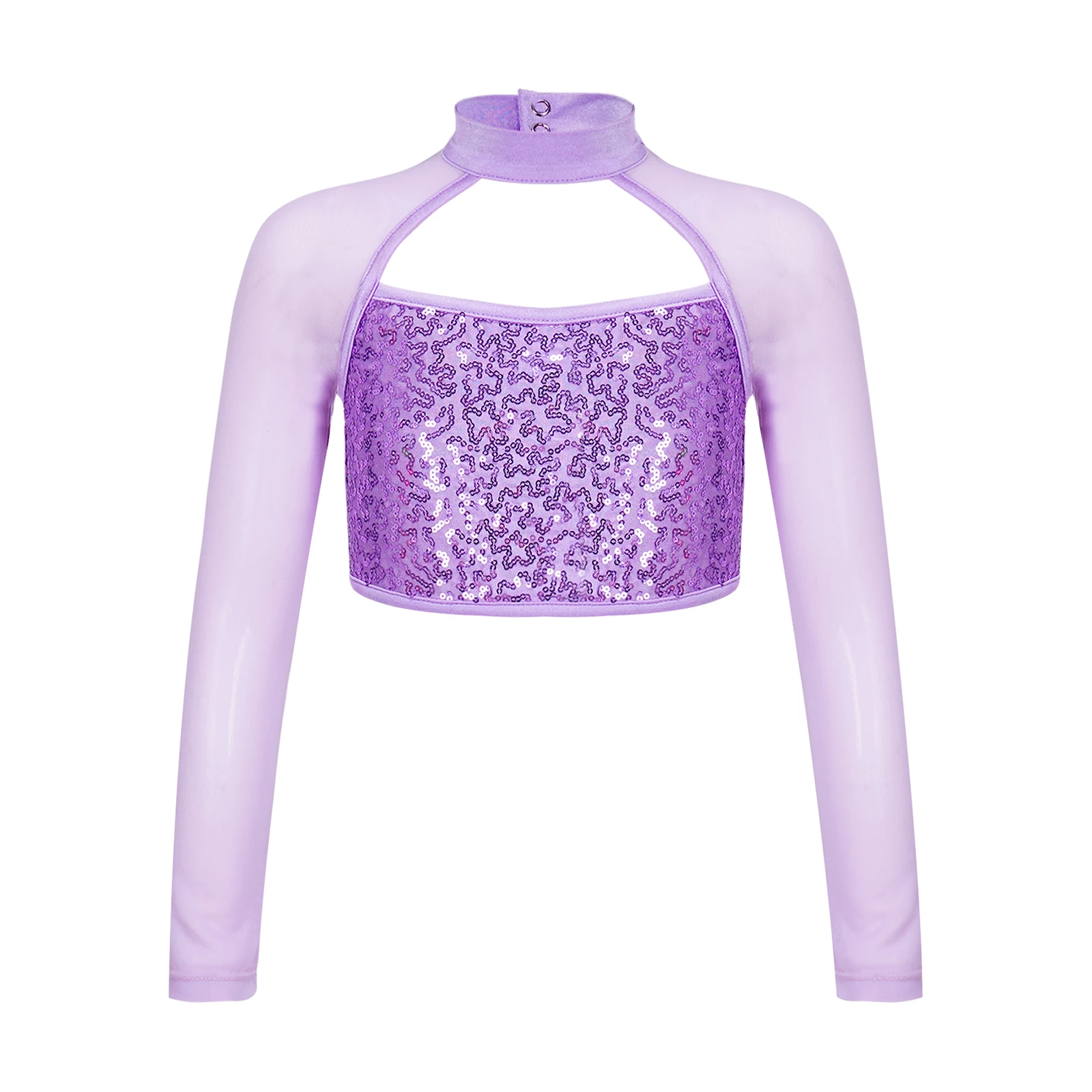 

Kids Girls Classic Ballet Long Sleeve Tops Round Collar Hollow Shiny Sequins Decorated Dance Crop Top Stage Performance Costumes