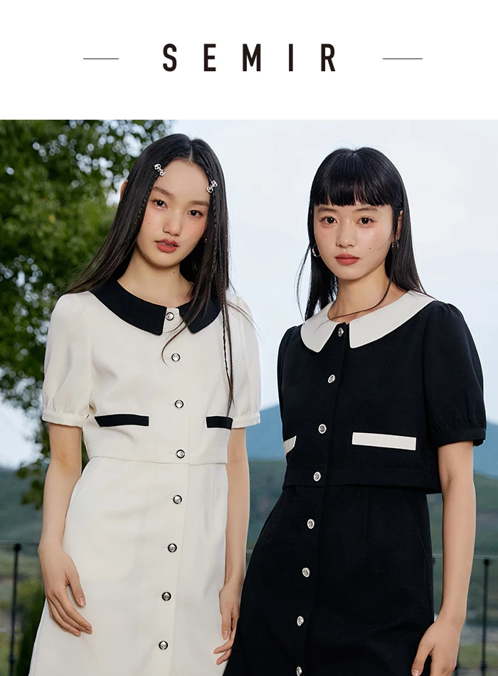 Dress Women Contrast Texture Fake Two Pieces Summer New Bubble Sleeve Breasted Short Dress Elegant Small Fragrance