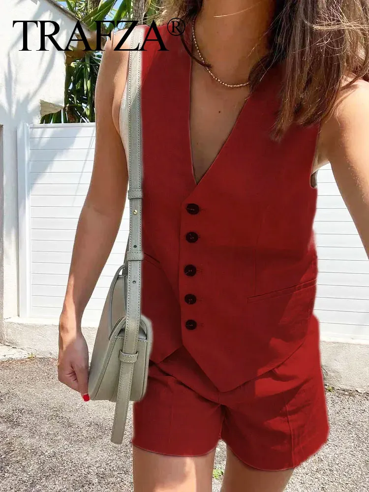 TRAFZA Women Pant Sets Vintage Solid Single Breasted V Neck Waistcoat Tops + Slim Zipper Fly Shorts Summer Office Lady Suit TRAF