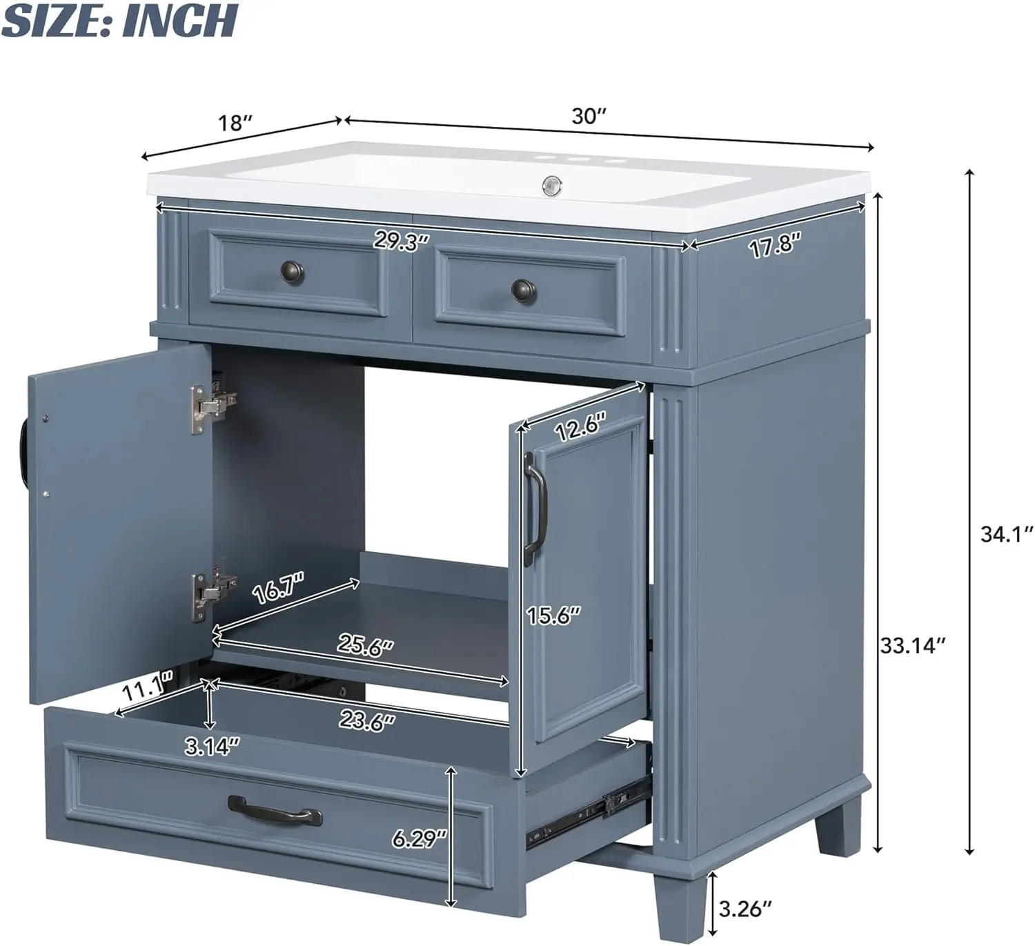 30" Bathroom Vanity Cabinet with USB Charging Port 2 Shallow Drawers 1 Deep Drawer 1 Door Single Resin Sink Modern Design Small