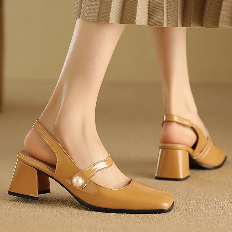 Elegant Slingback Sandals Women Summer Shoes Pink Black Silver Medium Heels Close Toe Office Party Shoes Female Large Size 45
