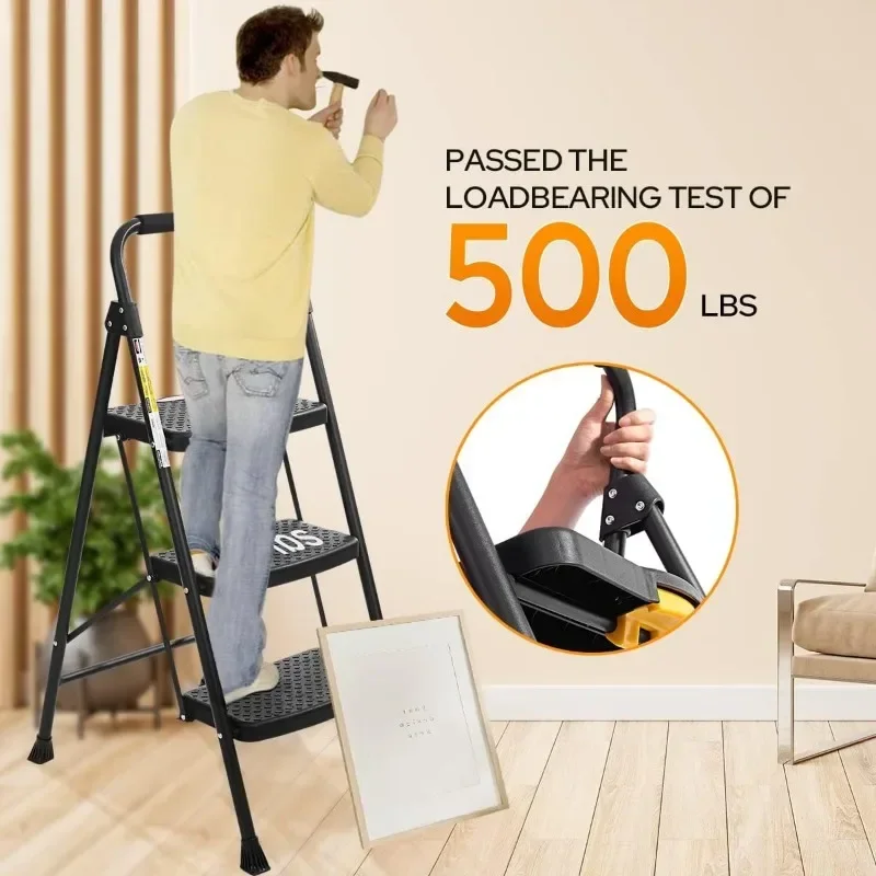 3 Step Ladder Folding Steps Stool Wide Anti-Slip Pedal Lightweight 500lbs Ladders for Adults folding step stool