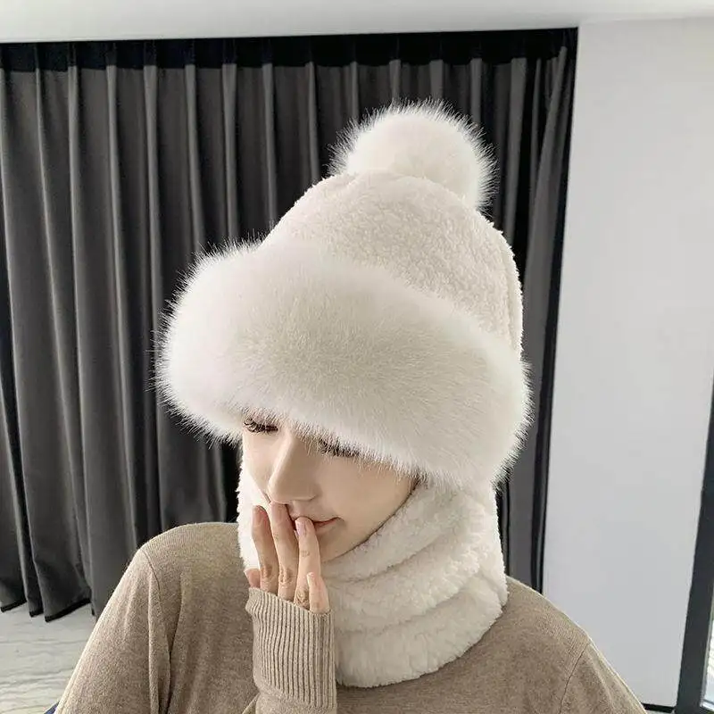 

Winter Women's Scarf Set Hooded Plush Warmer Neckerchief Outdoor Ski Windproof Chill-proof Hat Thick Plush Fluffy Beanies