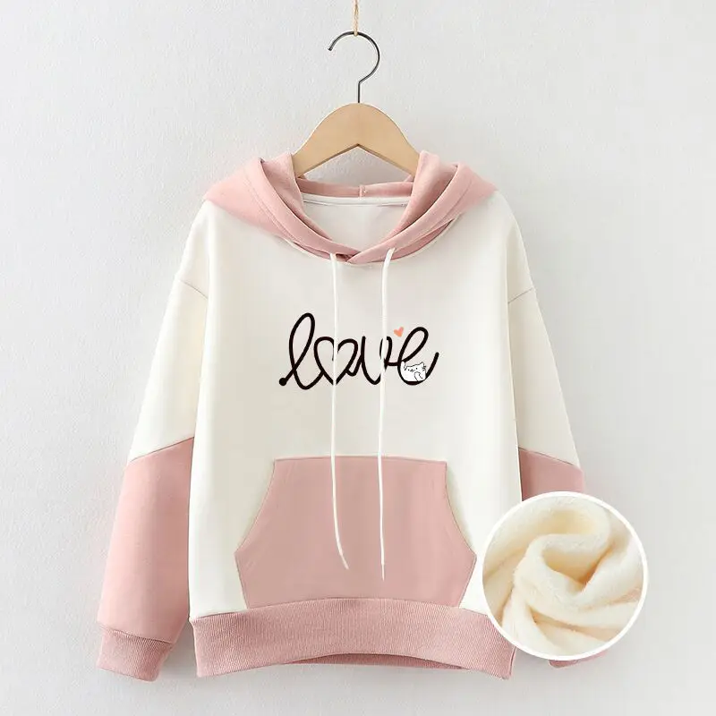 Harajuku Sweet Sweatshirt Hoodies Cartoon Cat Printed Hooded Women Winter Thick Warm Female Cute Kawaii Tops Tracksuit