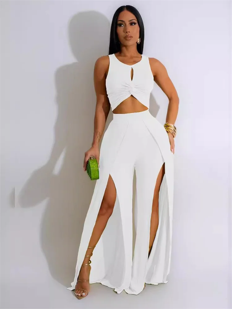 Wmstar Women 2 Piece Set Outfit Fashionable Sleeveless White Casual Suit with Split Vest Wide Leg Pants Wholesale Dropshipping