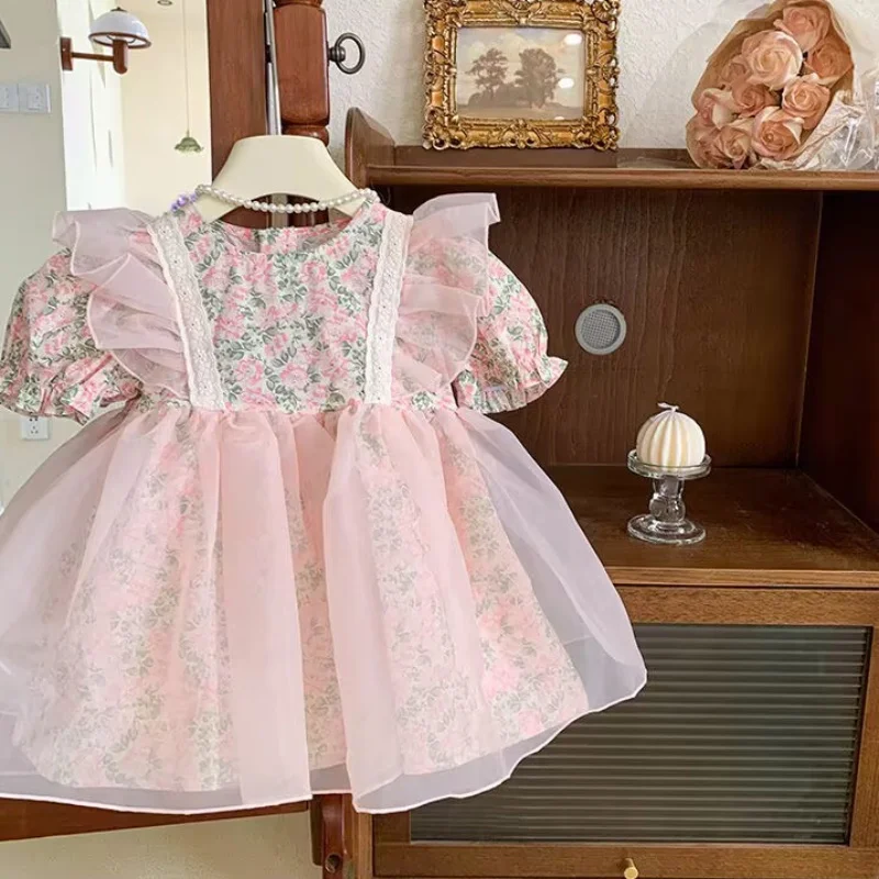 Sommer Mädchen Blumen kleider für Hochzeits feier 1-6y geschwollene Spitze elegante Prinzessin Kleider für Mädchen Geburtstag Ballkleider Freizeit kleid