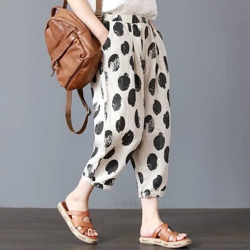 Thin Style Breathable Summer Women Literature Vintage Fashion Loose Pure Cotton Printing Large Size Casual Office Lady Trousers